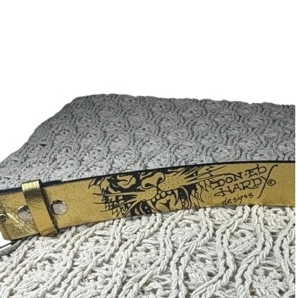 Ed Hardy Belt 32 Gold Metallic Tattoo Graphic Tiger Skull Rhinestone Buckle Y2K